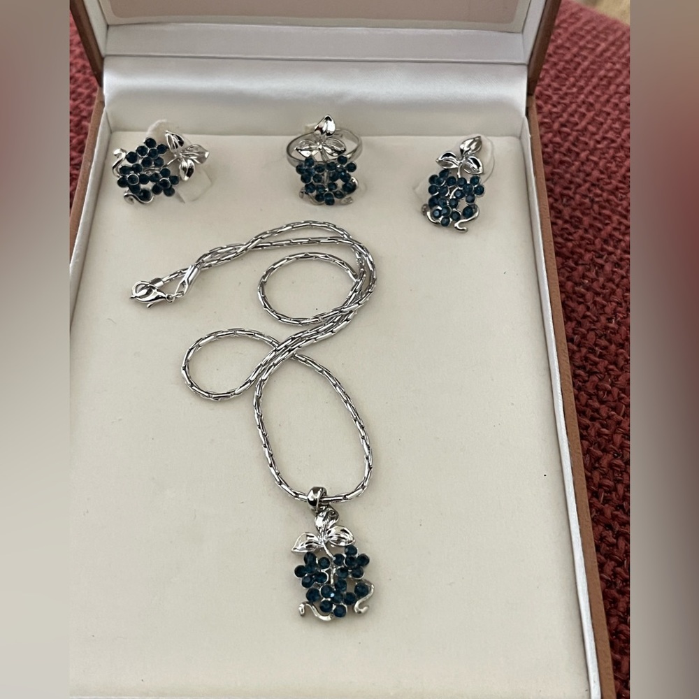 Blue sapphire, and silver set. Necklace earrings, and adjustable ring.